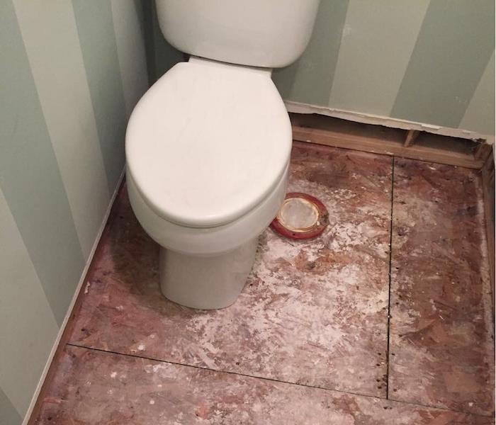 bathroom with a stained floor around a toilet