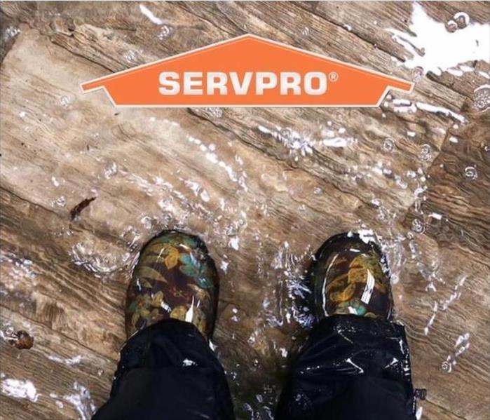 Boots in flood water with logo